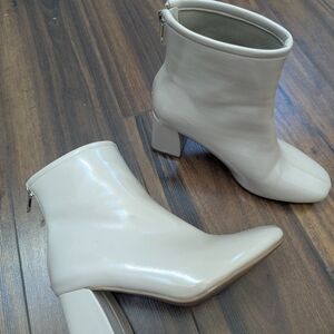 Women's Cream Ankle Boots - Faux Leather Block Heel
